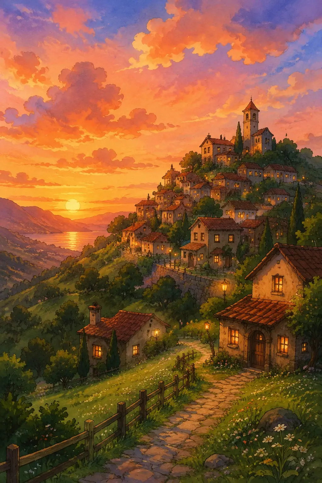 Community hilltop village at sunset