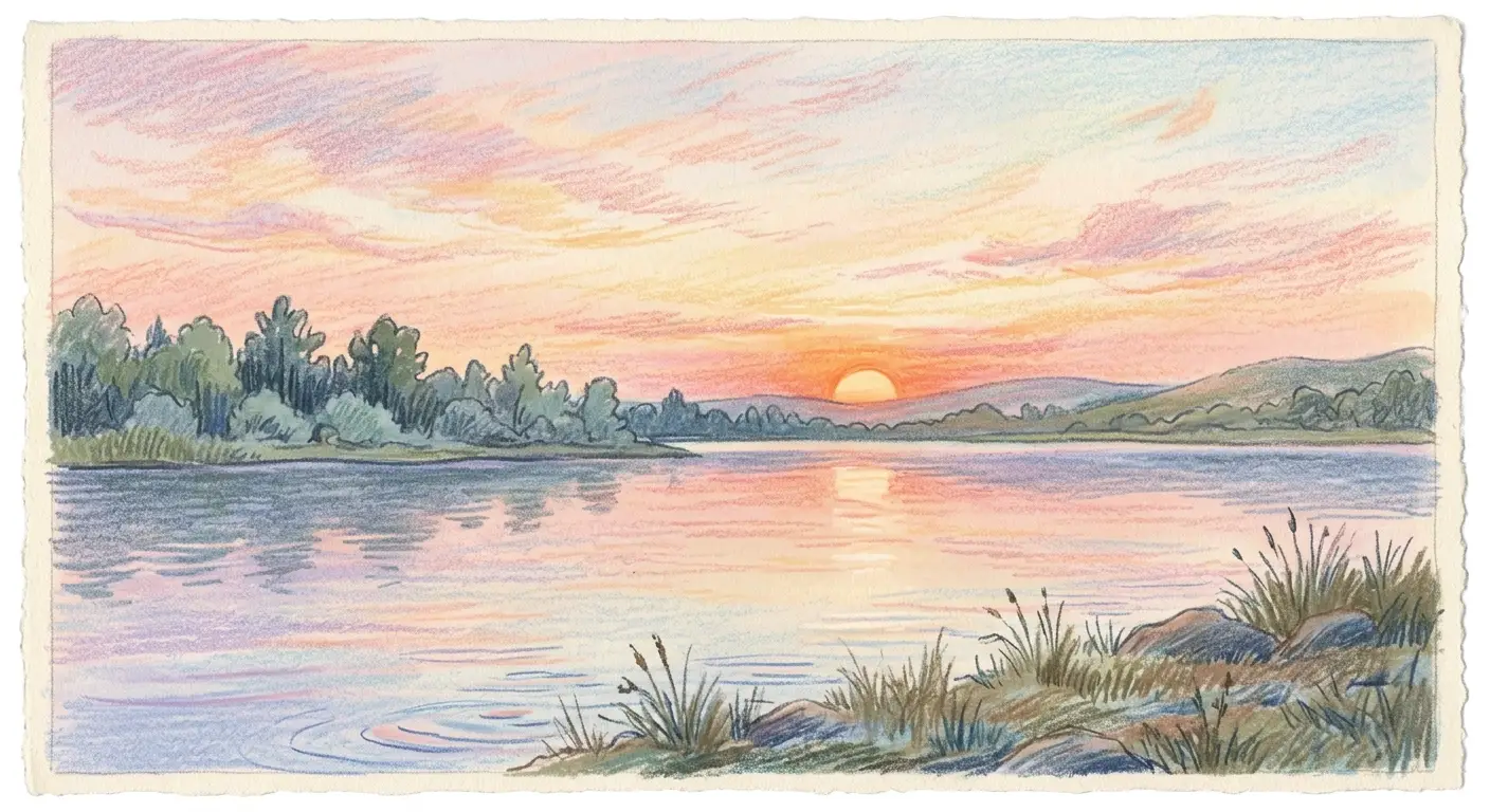 Community crayon sunset lake sketch