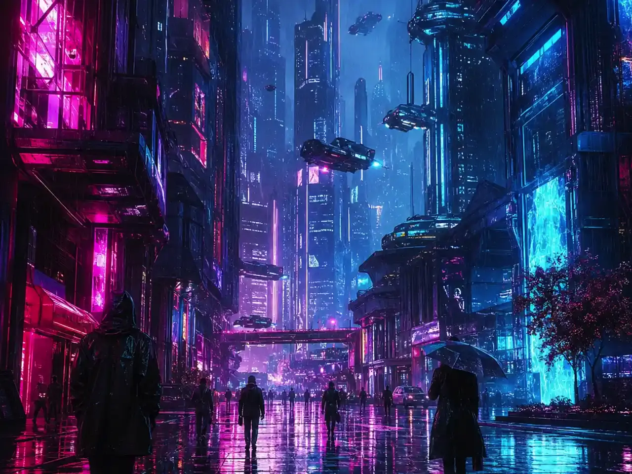 Community cyberpunk neon megacity skyline