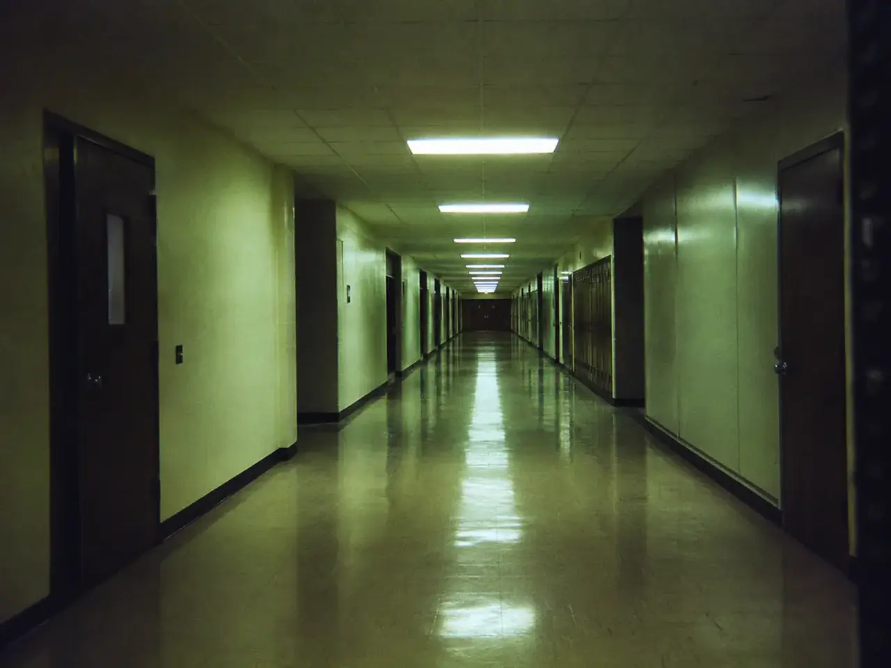Community fluorescent school hallway