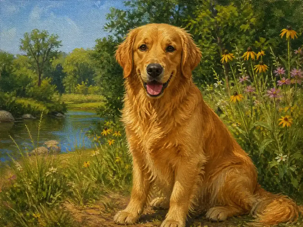 Community riverside pet oil portrait