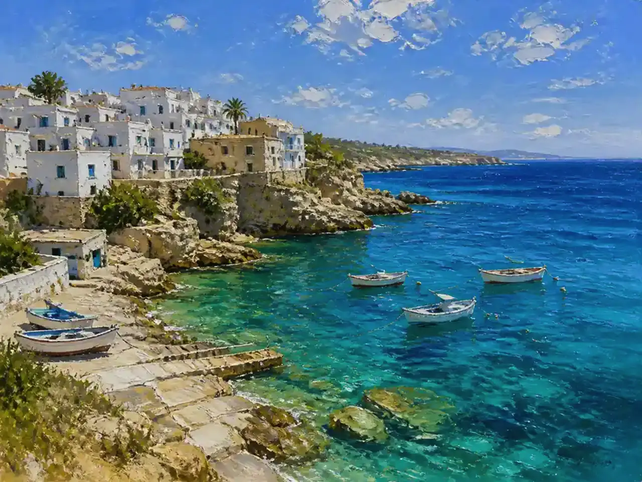 Community Mediterranean coastal oil painting