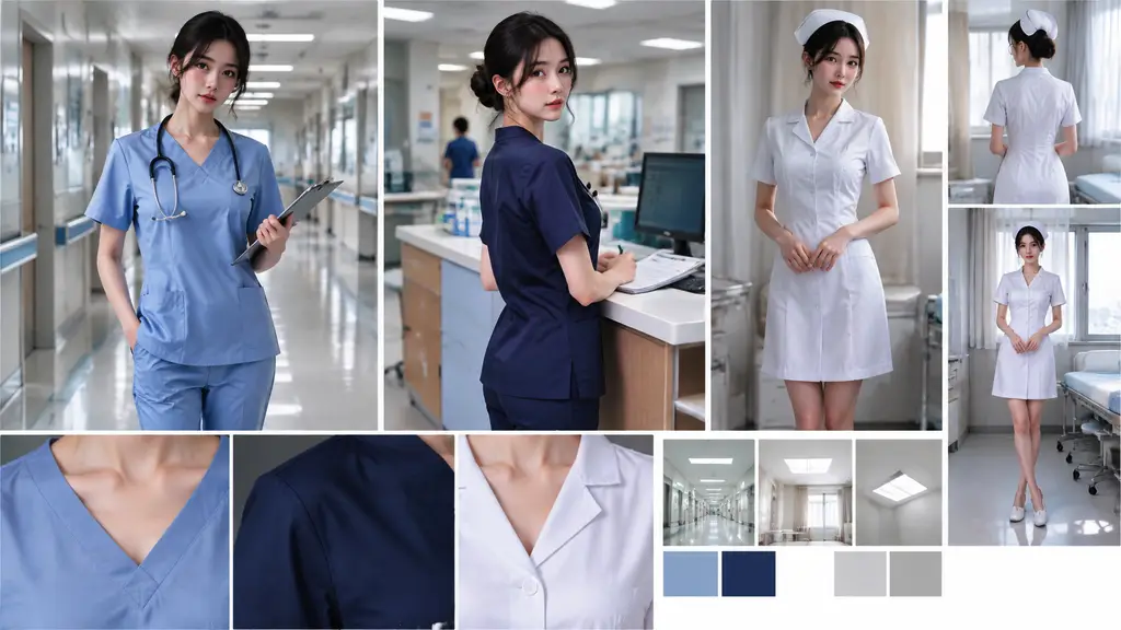 Define nurse outfit, pose, and clinic mood in one brief