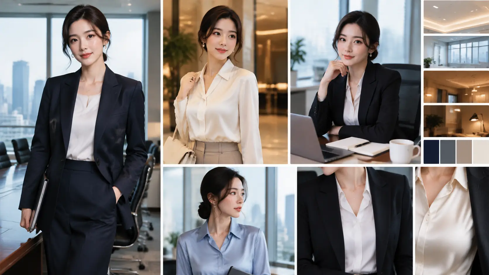 Define work outfit, pose, and office mood in one brief